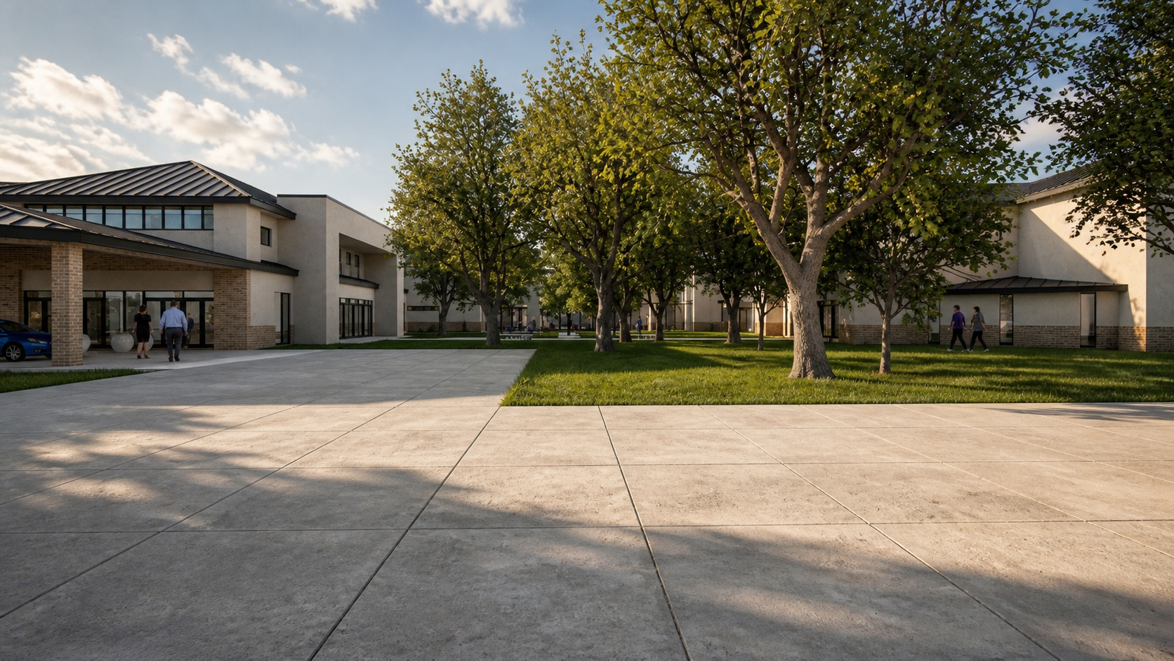Conceptual rendering of shaded campus walkways and courtyard